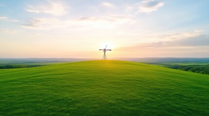 Obraz premium Traditional windmill standing on a rolling green grassy hill at sunrise under a bright sky.