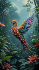 Fototapeta premium A Vibrant Floral Bird Soaring Through Lush Tropical Foliage A Stunning Digital Art Piece
