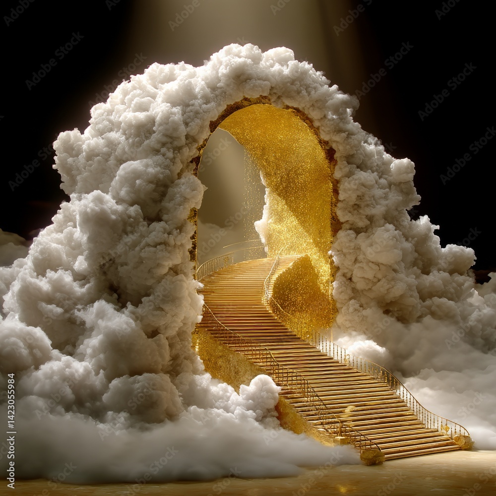 Poster golden stairway to paradise: an ethereal pathway through clouds, illuminated by heavenly light, asce