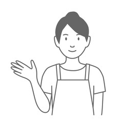エプロンをした女性が「こちらです」と案内しているイラスト