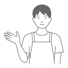 エプロンをした男性が「こちらです」と案内しているイラスト