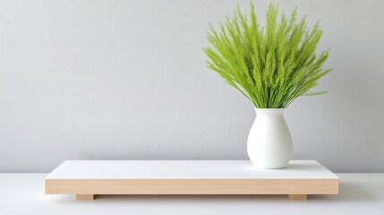 Minimalist display with a vase of green plants on a wooden platform