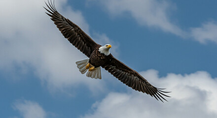 Fototapeta premium Eagle soaring in blue sky with clouds Freedom in nature