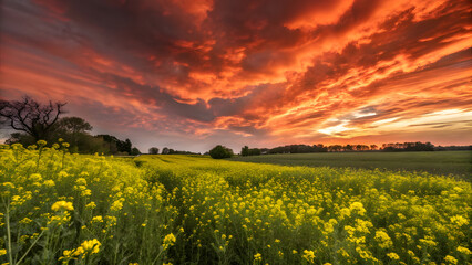 Obraz premium Fiery Sunset Over Vibrant Yellow Wildflower Field. Perfect for: Summer poster, sunset memory