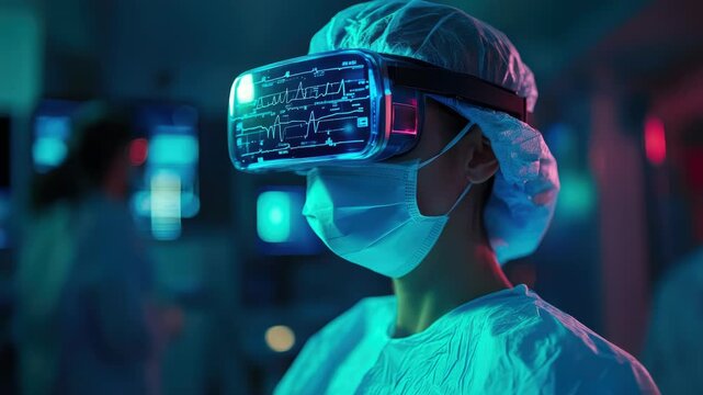 Female doctor using augmented reality headset with real-time brain scan visualization, revolutionizing medical education and neurology diagnostics. Advanced AR technology for precision healthcare solu