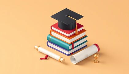 Graduation Cap on Stack of Books with Diploma and Award Education Success Concept