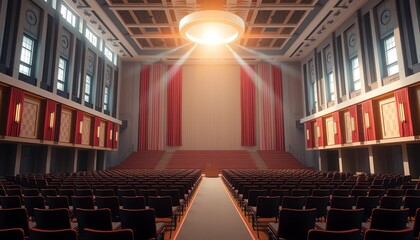 Grand Auditorium Stage Ready for Presentation Large Empty Hall with Red Curtains and Seats