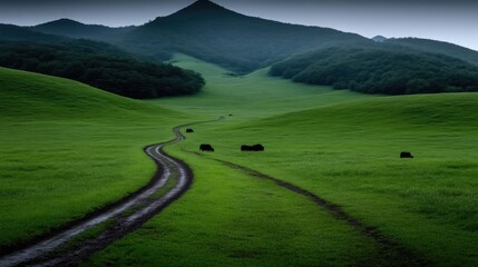 Serene, winding dirt road through lush green valley, leading to a misty mountain range. Rolling hills and dense forest