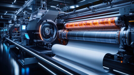 Fototapeta premium Vivid high-resolution magazines being produced on an advanced printing press with a sleek, polished modern design
