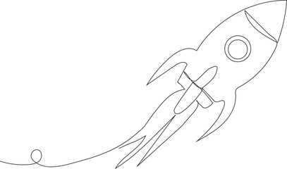 Obraz premium One Line Rocket Drawing Spacecraft Launch, rocket launch sign in simple linear style. Vector illustration.