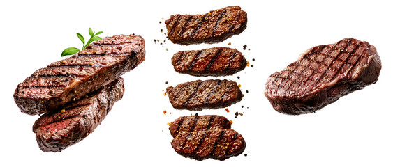 Obraz premium Set of Grilled beef steak with black pepper seasoning isolated on white transparent background. Concept of steakhouse cuisine and cooked meat