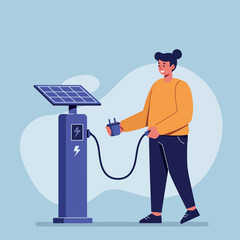 Woman Charging Electric Vehicle at Solar Powered Station Illustration in Modern Flat Style 