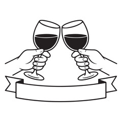 simple minimal linear style illustration with cartoon hands holding wine glasses, celebration and party vibe, invitation design element, banner, template Vector Black silhouettes.