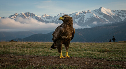Eagle Standing on Hill with Snow Mountains in Background