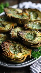 Artichoke halves, seasoned with herbs, arranged aesthetically on a plate - French ingredients appetizer method tasty