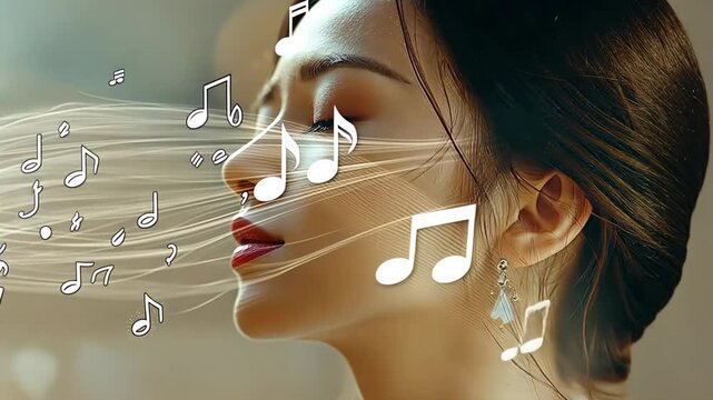 Serene woman with closed eyes, accompanied by illustrated music notes, representing the concept of music therapy, inspiration, or emotional resonance through sound. Excellent for wellness, relaxation