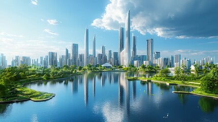 Obraz premium Futuristic Cityscape Reflection on Serene Lake Surrounded by Lush Greenery