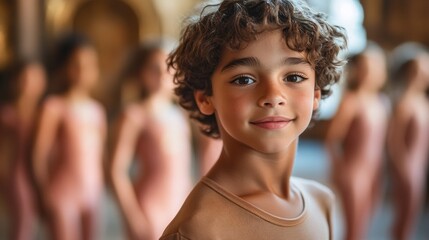 In a vibrant ballet studio, a young boy smiles confidently while participating in a ballet class filled with girls. His presence highlights inclusion and challenges traditional gender roles in dance.