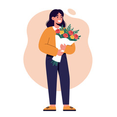 Woman holding bouquet of flowers smiling in casual clothes vector illustration with warm color tones 
