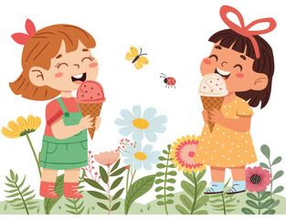 two Cute little girl eating cone ice-cream in the meadow