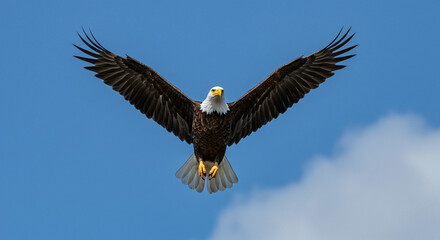 Naklejka premium Eagle soaring with wings spread wide against a clear blue sky