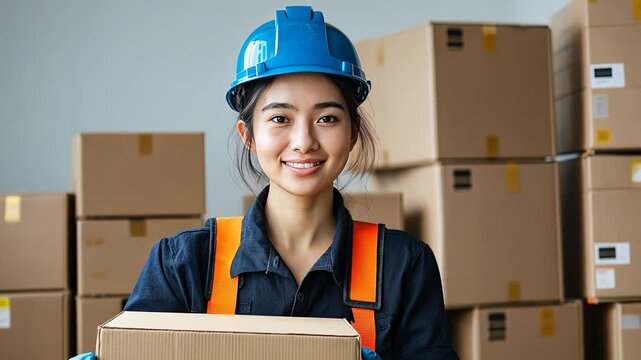 Portrait of a confident young female warehouse worker in a hard hat and uniform, holding a cardboard box. Surrounded by stacked boxes, she symbolizes professionalism, logistics, and modern industry