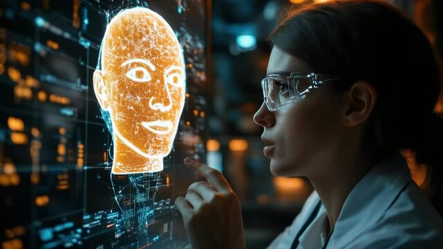 Female scientist analyzing a glowing holographic brain interface, representing artificial intelligence, neuroscience, big data processing, and futuristic digital innovation in medical research and cog - Powered by Adobe