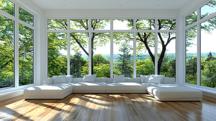 Modern Minimalist Living Room with Expansive Windows and Lush Green View