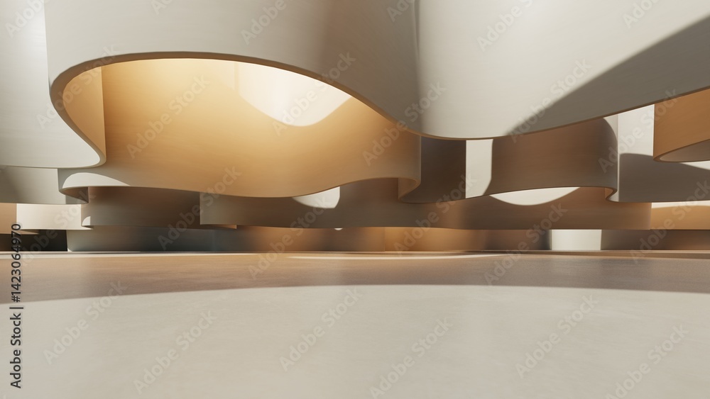 Poster 3d illustration of abstract architecture background, geometric architectural with wavy curve design, Empty floor for car presentation
