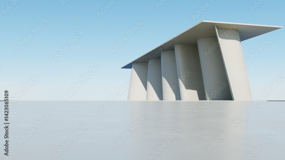 Poster 3d illustration of abstract architecture background, geometric architectural with wavy curve design, Empty floor for car presentation