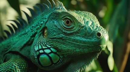 Fototapeta premium Close-up of vibrant green iguana in jungle setting. Possible use Nature photography