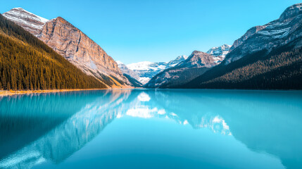 A stunning mountain lake with turquoise water, surrounded by snow-capped peaks and evergreen forests, reflecting a clear blue sky