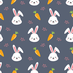 Childish and playful seamless pattern with cute rabbit and carrot. Vector illustration for kids or baby apparel,  textile, print, wrapping paper, kindergarten, nursery background and other