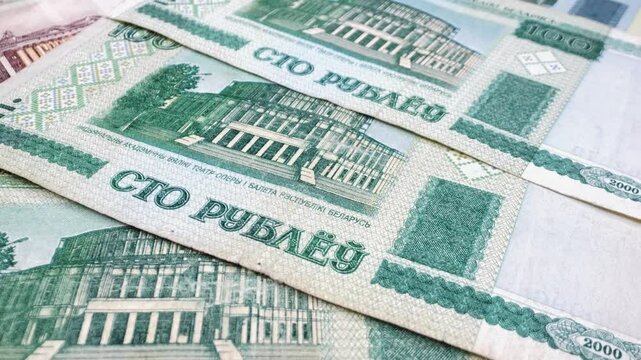 100 Belarusian rubles (RBL), national currency. Close-up with a sliding movement.