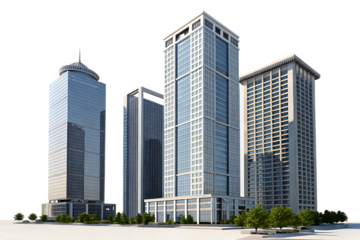 set of tall office building realistic image on white background. PNG
