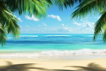 Tropical Beach Scene with Palm Trees and Blue Sea