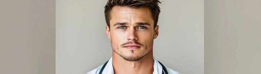 Fototapeta premium A handsome man looking directly at the camera with intense eyes