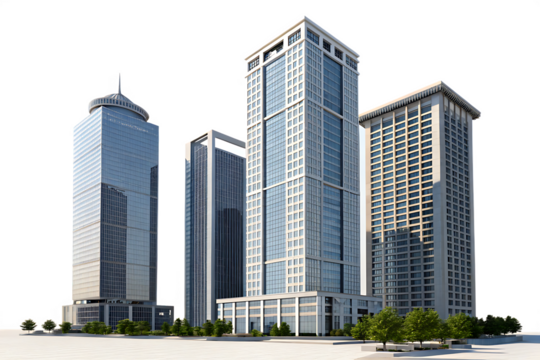 set of tall office building realistic image on white background. PNG