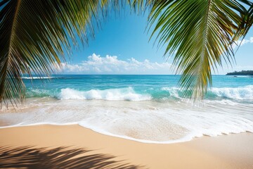 Tropical Beach View with Palm Leaves Ocean Waves and Blue Sky