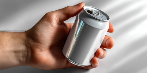 Hand Holding a Blank White Aluminum Can in Sunlight