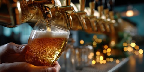 Obraz premium Hand Pouring Golden Beer into Glass at Bar with Festive Lights