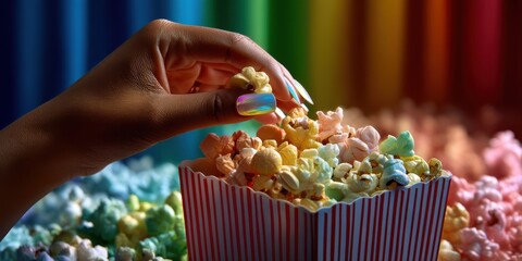 Hand Reaching for Colorful Popcorn in Striped Box Against Rainbow Background