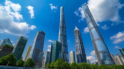 Obraz premium Shanghai's skyline showcasing architectural marvels against vibrant blue skies