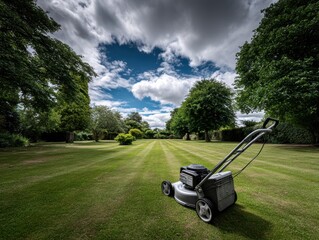 A wide shot depicting a vast, perfectly mown park lawn, with a small lawnmower in the far corner - outdoors tidy cutting