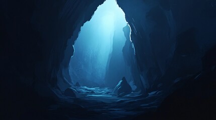 Dark cave exit, light at end, rocky terrain, mysterious background; fantasy game backdrop