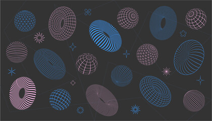 3D wireframe geometric objects from a linear grid. Retrofuturistic set of elements. Cyberpunk style perspective figures. Vector collection