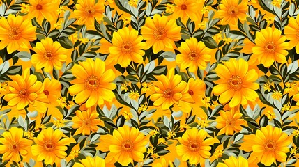 Vibrant Yellow Flower Pattern with Gray Green Leaves