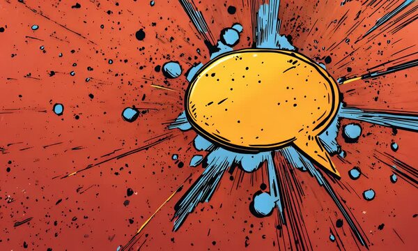 A comic book-style yellow speech bubble on an orange background, with dramatic lines and shapes for impact