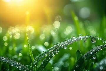 Close-up of dewdrops on fresh grass blades, capturing nature's delicate beauty and tranquility, with vibrant green backdrop and serene composition.