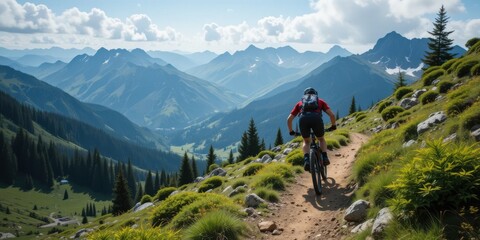 Obraz premium Mountain Biker Navigating Scenic Alpine Trail with Majestic Mountain Range in Background on a Sunny Day